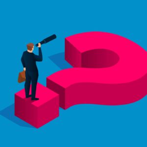 Solving business problems, businessman holding binoculars standing on question mark