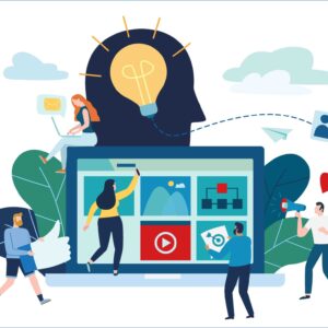 content strategy marketing vector illustration.
social media advertising concept.
small people working decorated laptop technology.
flat cartoon design for banner mobile and web