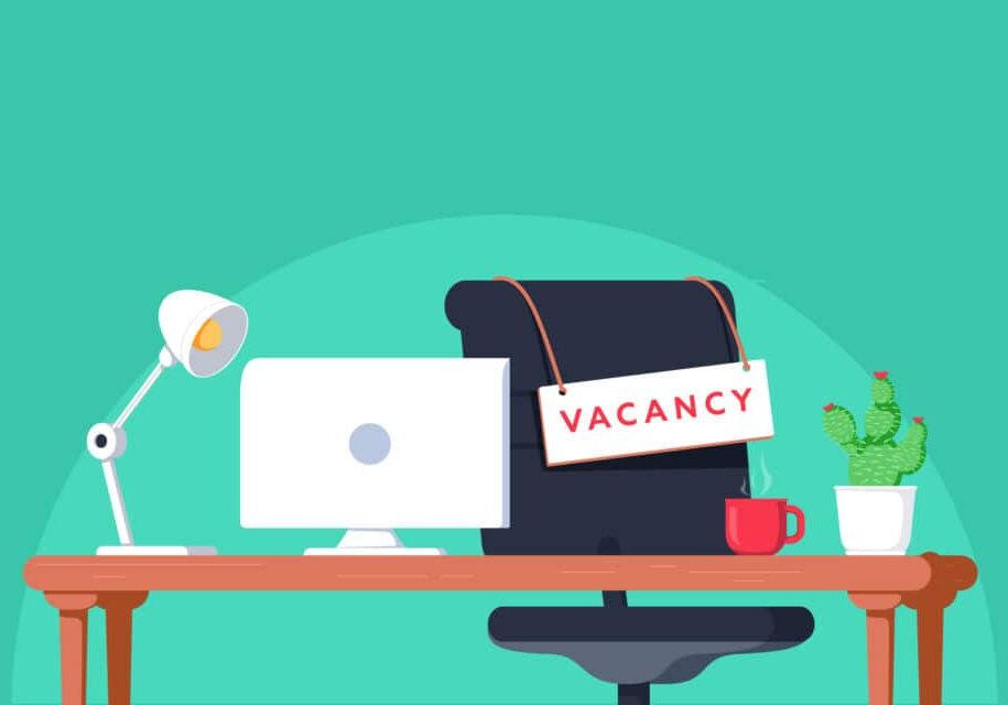 Office workplace with vacancy sign. Empty seat, chair in room for employee. Business hiring, recruitment concept. Office workplace with vacancy sign. Empty seat, chair in room for employee. Business hiring, recruitment concept. Vector illustration in flat style
